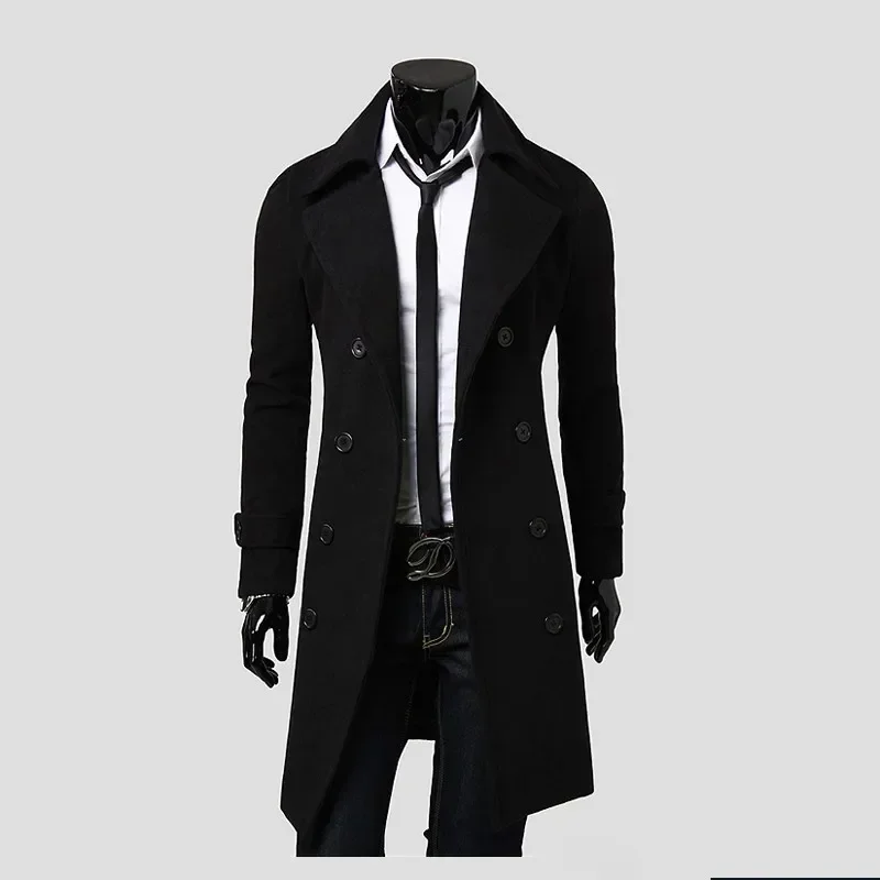 Mens Double Breasted Trench Coat Wool Blend Autumn Winter Solid Casual Slim Fit Long Jacket Wool Coat Fashion Mens Clothing wool overcoat