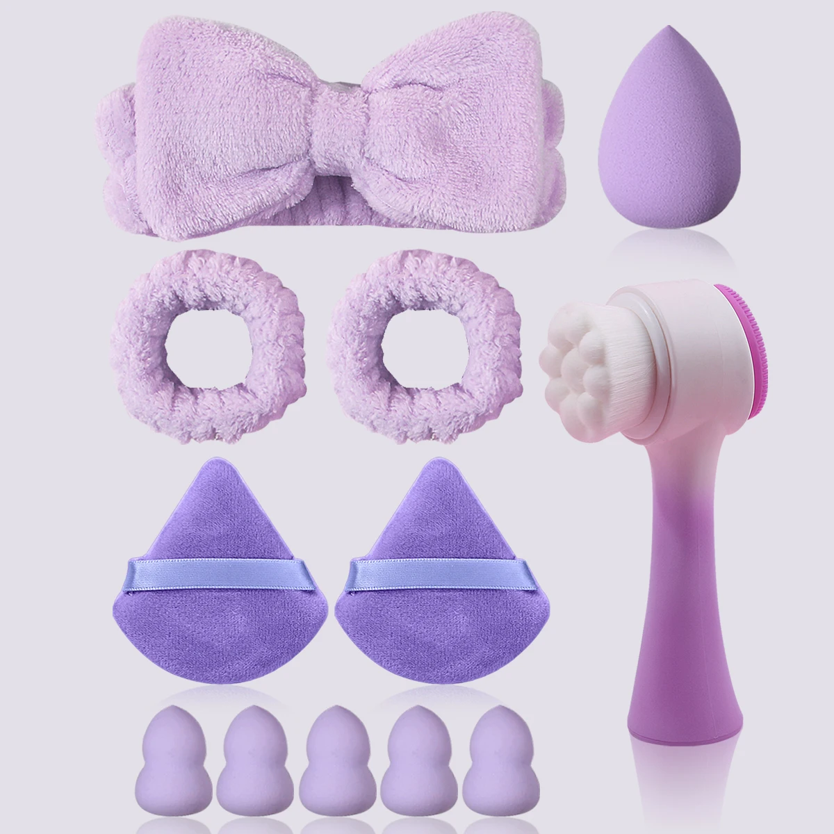 12pcs Multi-Functional Facial Cleansing Brush Set | Makeup Sponge + Teardrop Puff & Dual Hair Bands