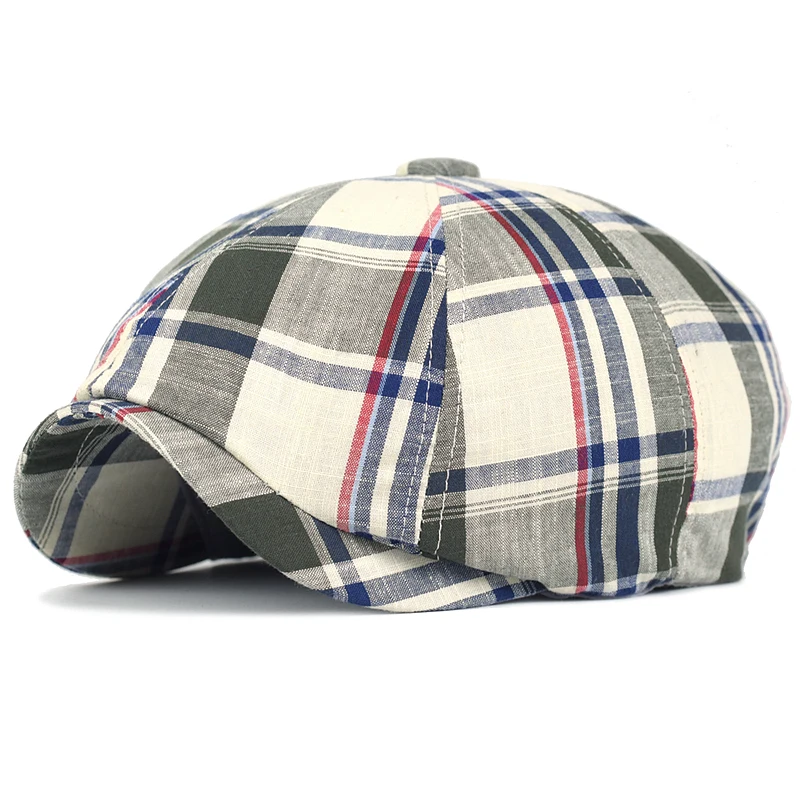 

Spring Summer Breathable Plaid Newsboy Cap Peaky Octagonal Hat Vintage Soft Casual Berets Cap Visor Gatsby Flat Ivy Hat