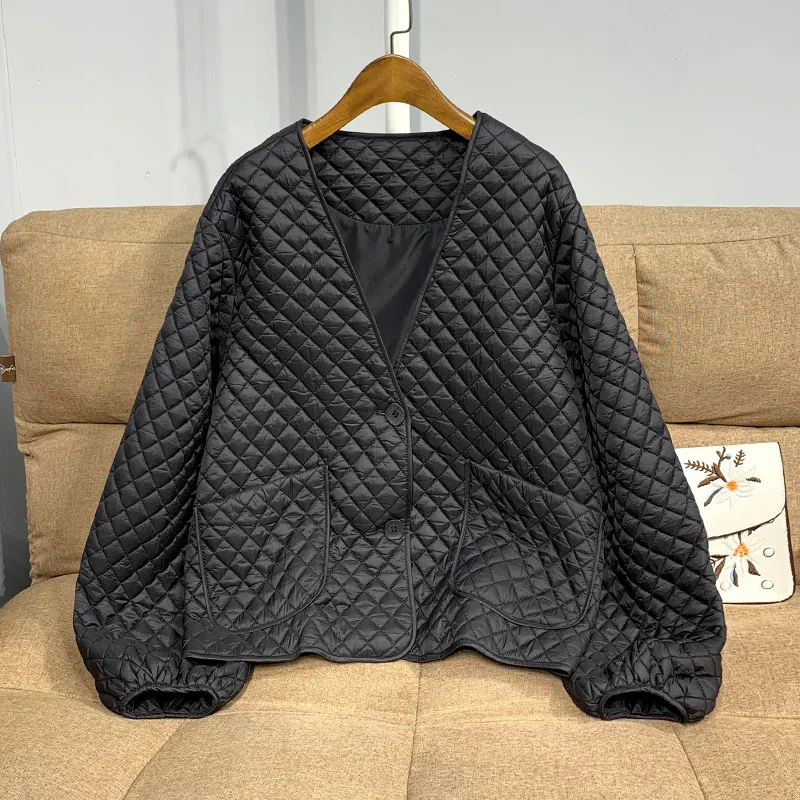 

Light and warm women's autumn and winter down jacket V-neck diamond lantern sleeve loose short jacket women