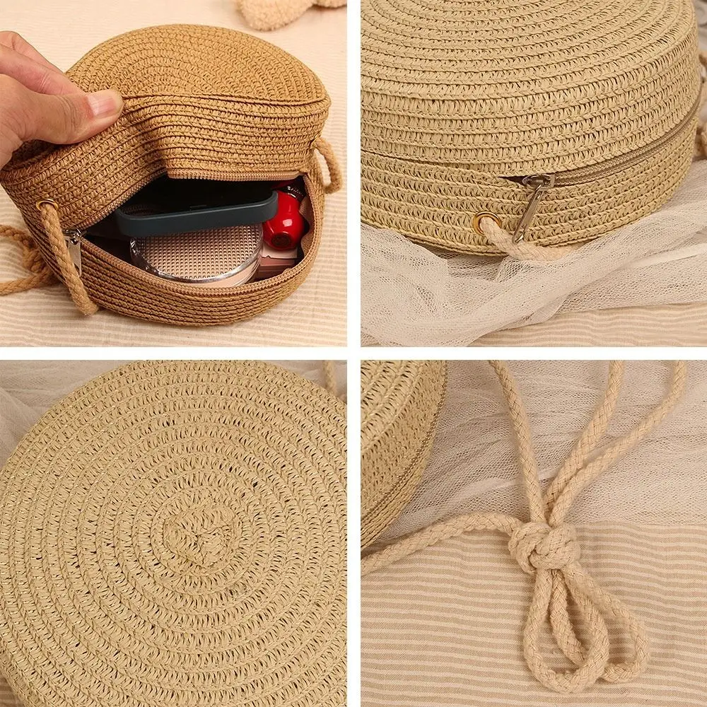Round Straw Bag Women Woven Beach Crossbody Bag for Ladies Children Cute Shoulder Rattan Handmade Knitted Bag Small Handbag