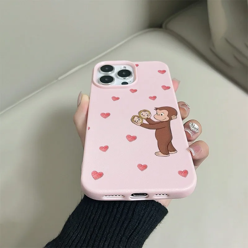 Playful Monkey Pink TPU Phone Case with Heart-Shaped Pattern