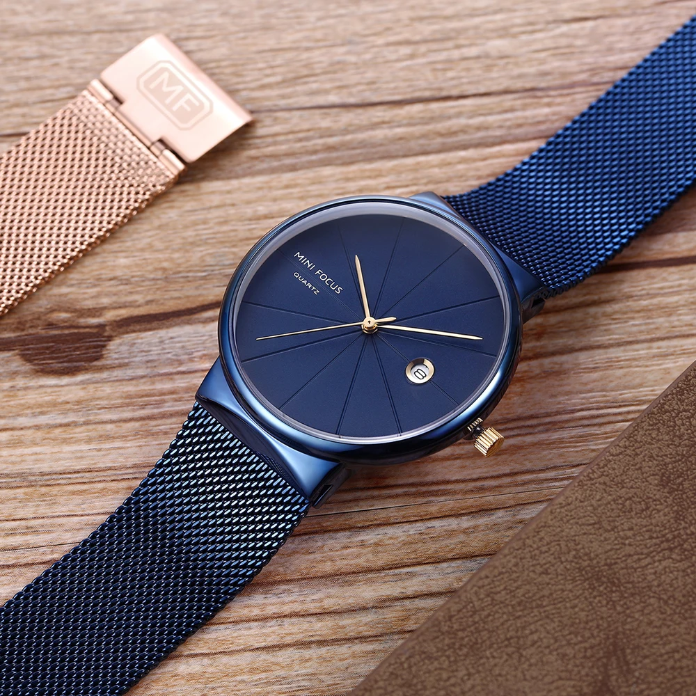 MINI FOCUS Minimalist Men's Waterproof Ultra-Thin Steel Mesh Strap Wristwatch