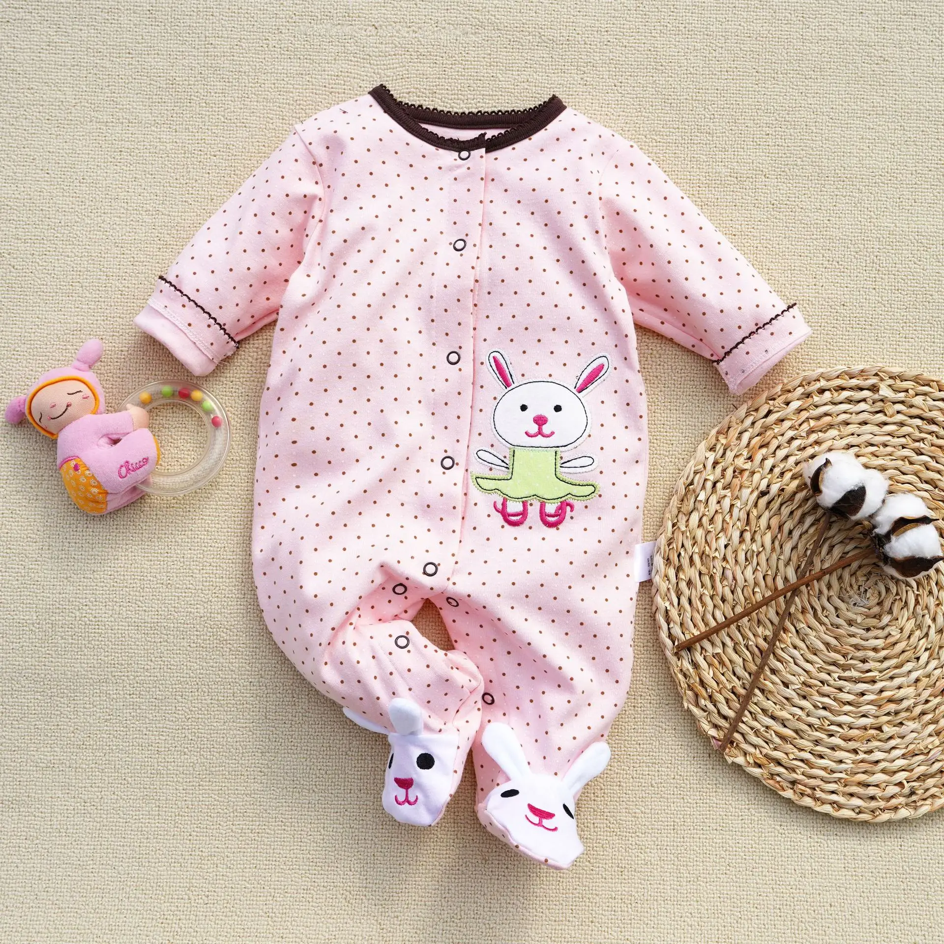 Prowow 0-12M Baby Girls Pink Rabbit Swan Footies Pajamas For Infants Long Sleeve Newborn Romper Jumpsuit baby sleepsuit,baby clothes