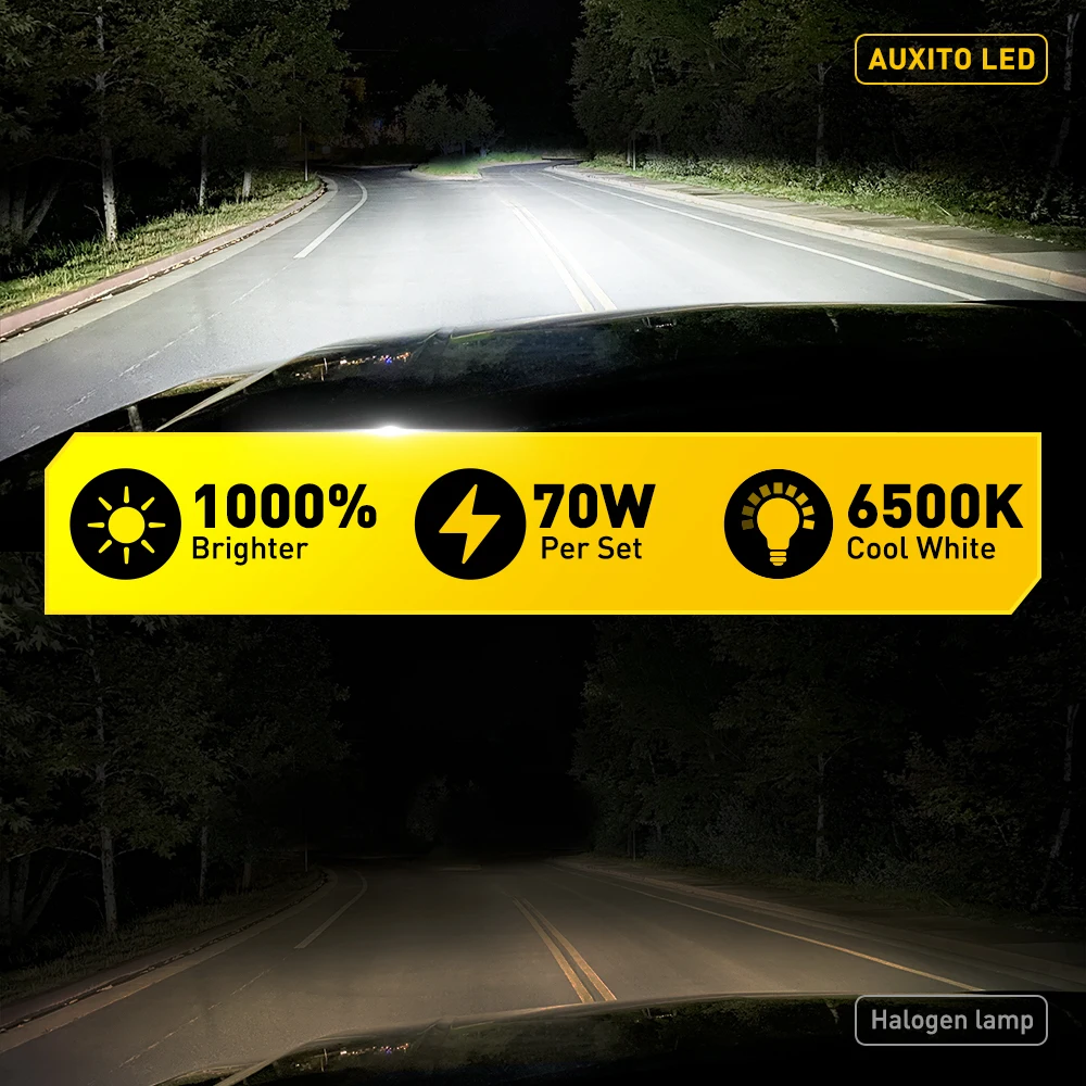 2개입 AUXITO 1000% 최고 밝기 H7 LED 오류 없는 70W 고출력 헤드라이트 화이트 터보 팬 장착 12V 자동차 라이트 16-CSP 칩 30000LM