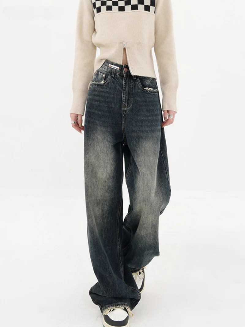 Harajuku Streetwear Retro Fashion Summer Women High Waist Jeans Loose Wide Leg Straight Loose Denim Trousers Y2K Baggy Pants