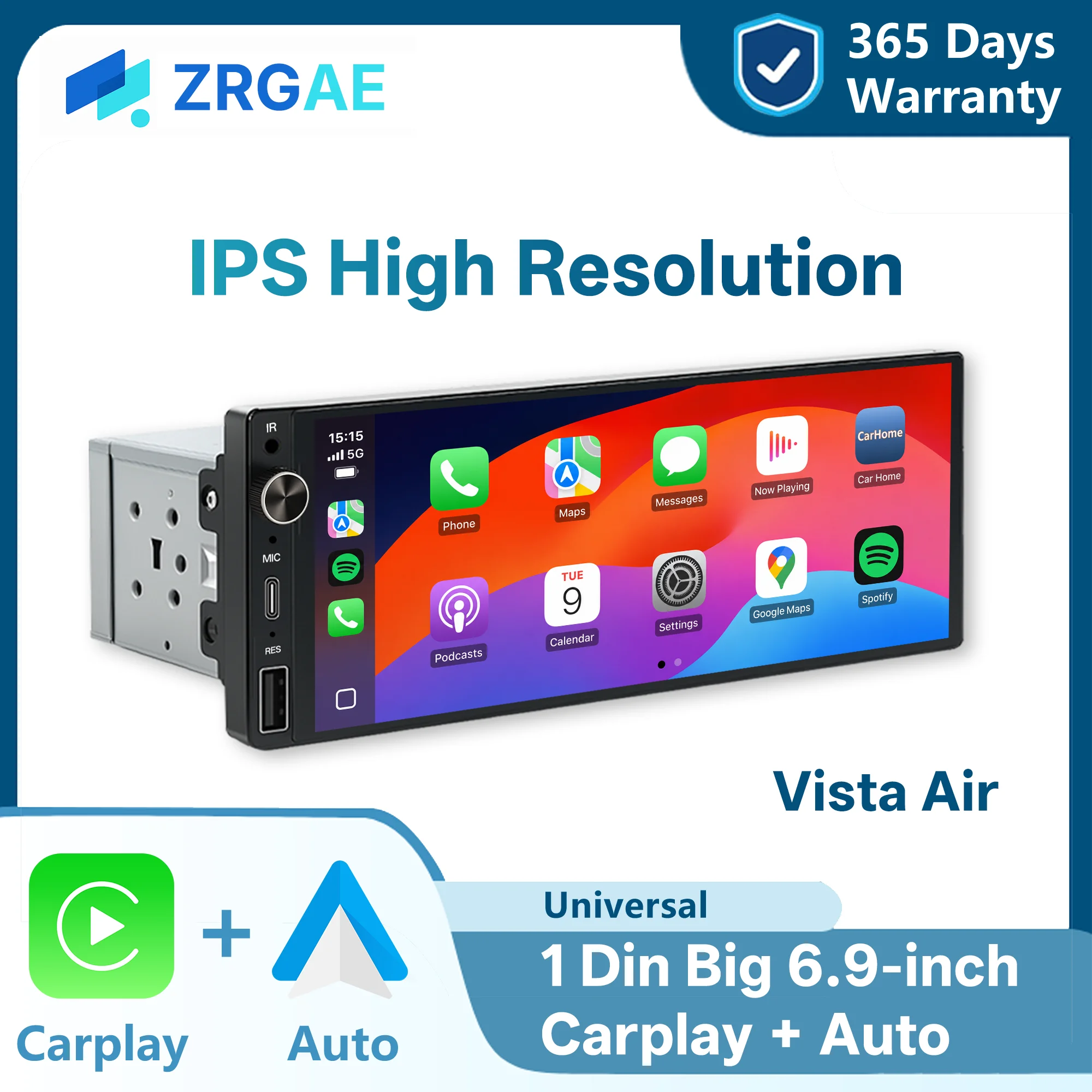 Radio para Auto de 6.86 Pulgadas 1Din con Carplay y Android Auto, Reproductor Multimedia MP5 con Bluetooth, FM Estéreo, USB Tipo-C, Autoradio 1