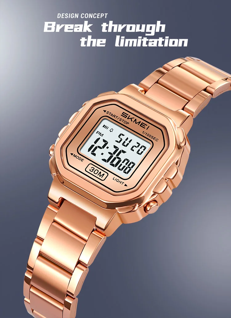 Reloj digital mujer de lujo impermeable de acero inoxidable_voghion.com