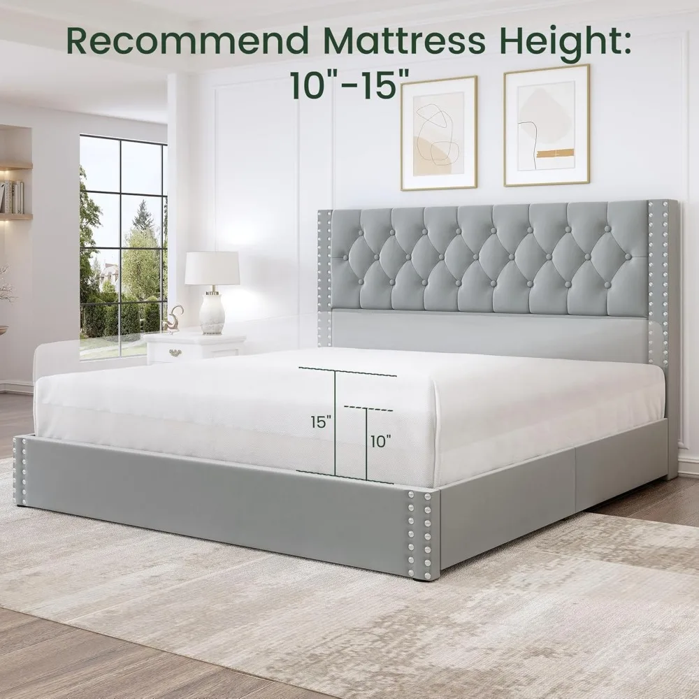 Storage and Tufted Headboard with 4 Drawers, Wood Slats Support, Easy Assembly, Noise-Free, Bed Bases & Frames 6