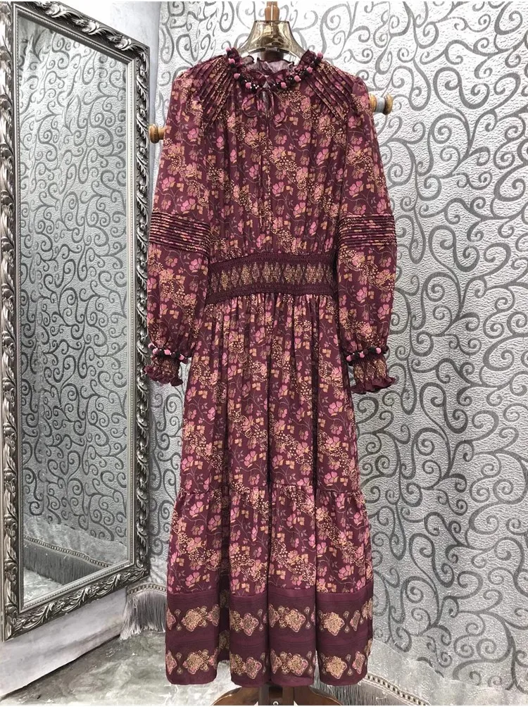 

100%Cotton Dress 2023 Autumn Winter Fashion Designer Dress Women Vintage Floral Prints Elegant Ball Deco Long Sleeve Dresses
