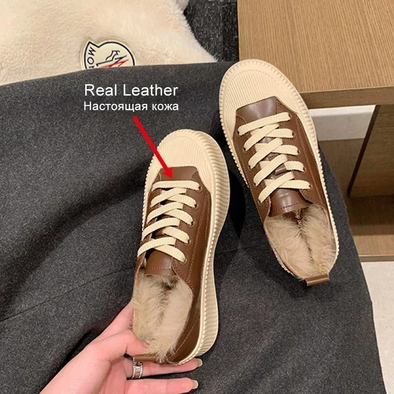 Size 35-40 Women Sneakers Real Leather Winter Warm Fur Platform Shoes For Women Lace-Up Plush Thick Sole Skateboard women shoes