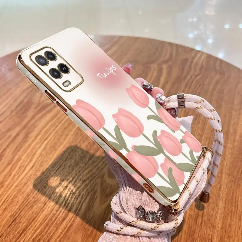 

Charming Tulips Lanyard Plating Phone Case For Oppo A15 A15S A16 A16K A76 A77 A78 A53 A54 A55 A92 A94 A95 A83 F19 Cover