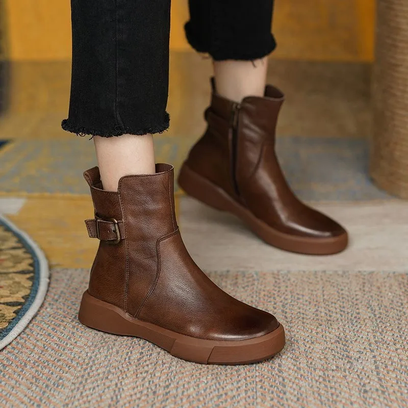 Women's short boots autumn and winter new thick sole casual high-top buckle round toe flat casual boots women's boots