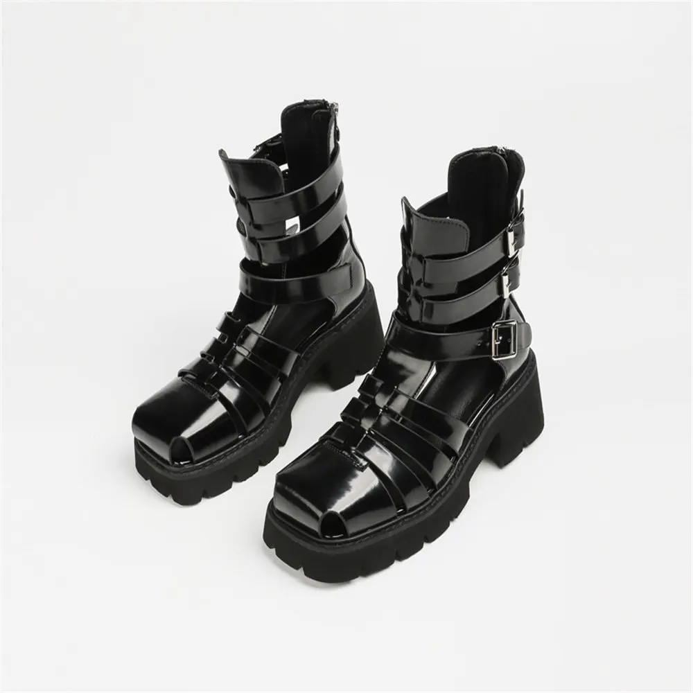 Damen Gladiator Sandalen Mit Blockabsatz Schwarze Sommerschuhe_voghion.com