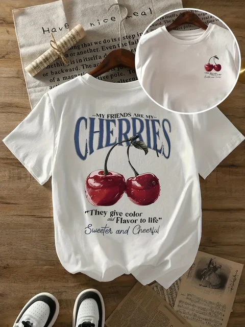 Summer Sweeter Cherries Prints T-Shirts Womens Cotton Oversized T Shirts Basic O-Neck Short Sleeve Tops Casual Woman Clothes 2