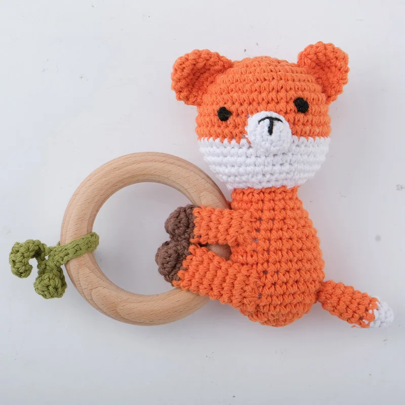 1pc BPA Free DIY Crochet Elk Fox Bee Baby Teether Wooden Teether Ring Rattle Newborn Teething Nursing Soother Molar Educational 5