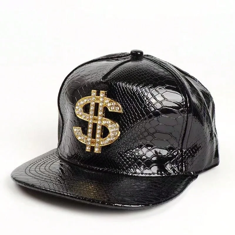Cool Hippie Flat Brim Baseball Cap, Rhinestone Golden Dollar Sign Punk Trucker Hat, Snapback Hat for Casual Leisure Outdoor Spor 3