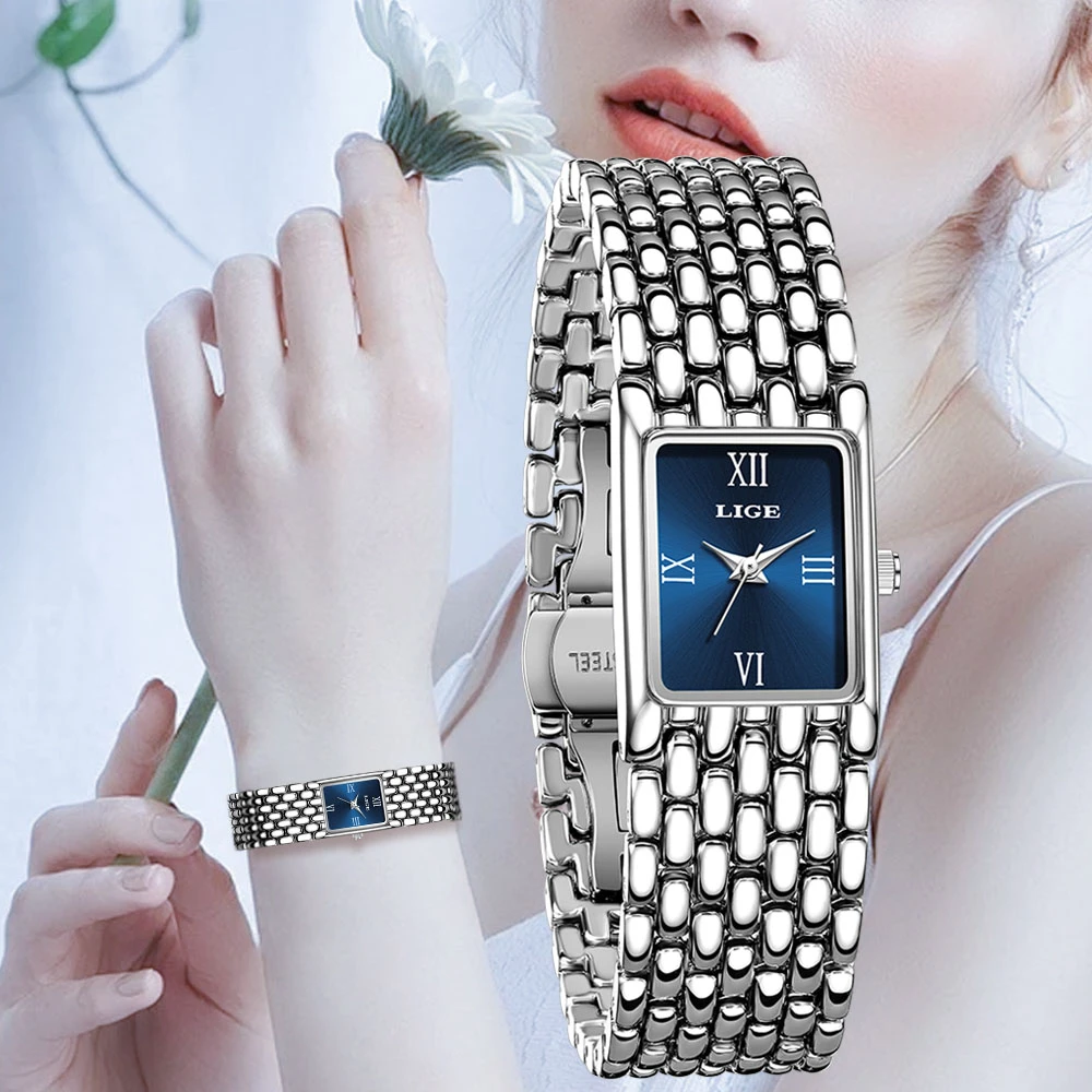 LIGE Luxury Ladies Fashion Quartz Watch Simple Scale Square Quality Plated Women Watches Business Stainless Steel Folding Clock