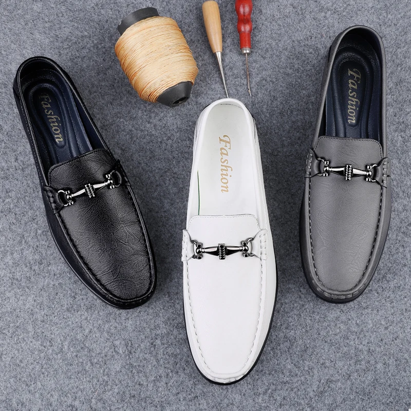 Genuine Leather Metal Buckle Loafers Men's Flat Driving Shoes Simple Business Leather Shoes Comfortable Soft Soled Walking Shoes 2