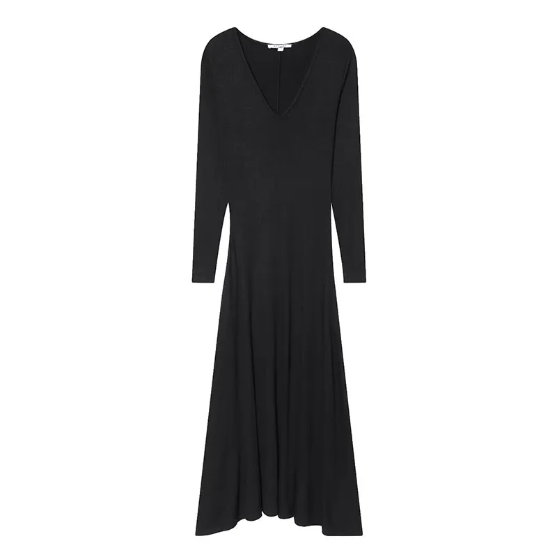 Women's Fashion Knitted Long Dress Women Long Sleeve V neck Midi Dress 2025 New Slim Dress Pleated Streetwear Casual Dress
