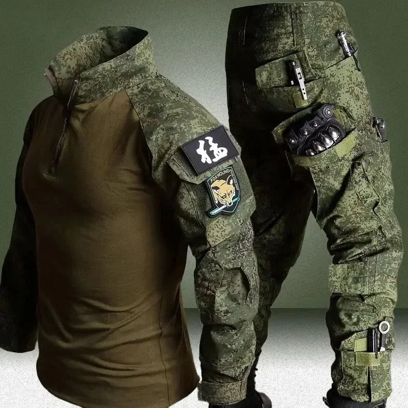 RU Camo Tactical Set Men Outdoor Breathable Long Sleeve Tshirts Multi-pocket Straight Cargo Pant 2 Pcs Suit Training Outdoor Set