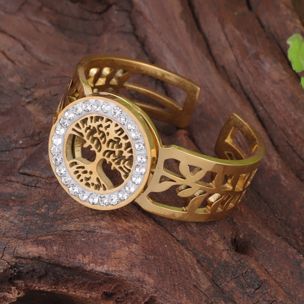 Stainless Steel Rings Finger Rings Metal Rings Fashion Rings Fashion Ring Women's Adjustable Tree of Life Jewelry Accessories Rhinestones Aesthetic Dating Rings For Women
