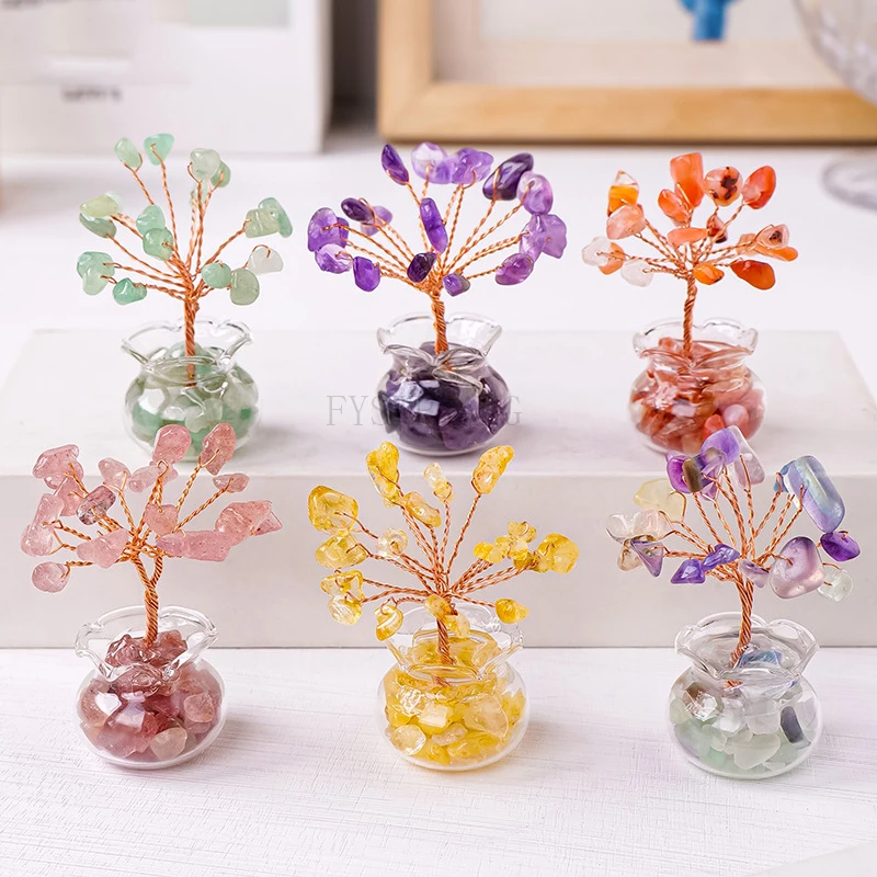 

12PCS Natural Crystal Gravel Money Tree Hand-woven Home Car Mini Crystal Tree Ornaments
