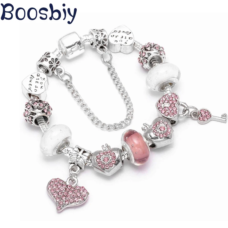 Bracelet Jewelry Crystal Heart Charm Bracelet For Women Silver Snake Chain