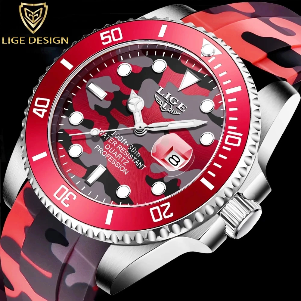 2022 LIGE New Fashion Men Watches Top Brand Luxury Camouflage Quartz Wrist Watch Sport Red Silicone Watch for Men Reloj Hombre