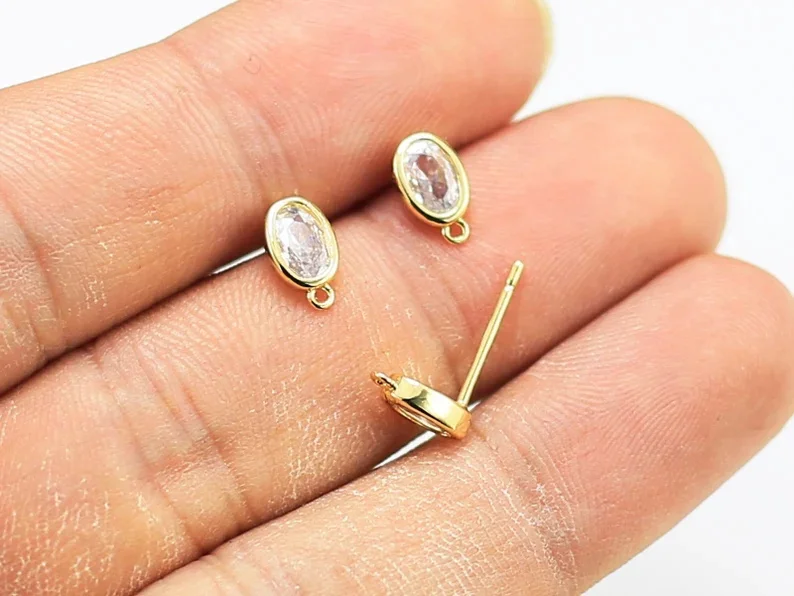 

6pcs Oval CZ Earring Posts, Dainty Earring Studs, 8.8x5.3mm, Cubic Zirconia, Earring Connector, Jewelry making - GS136