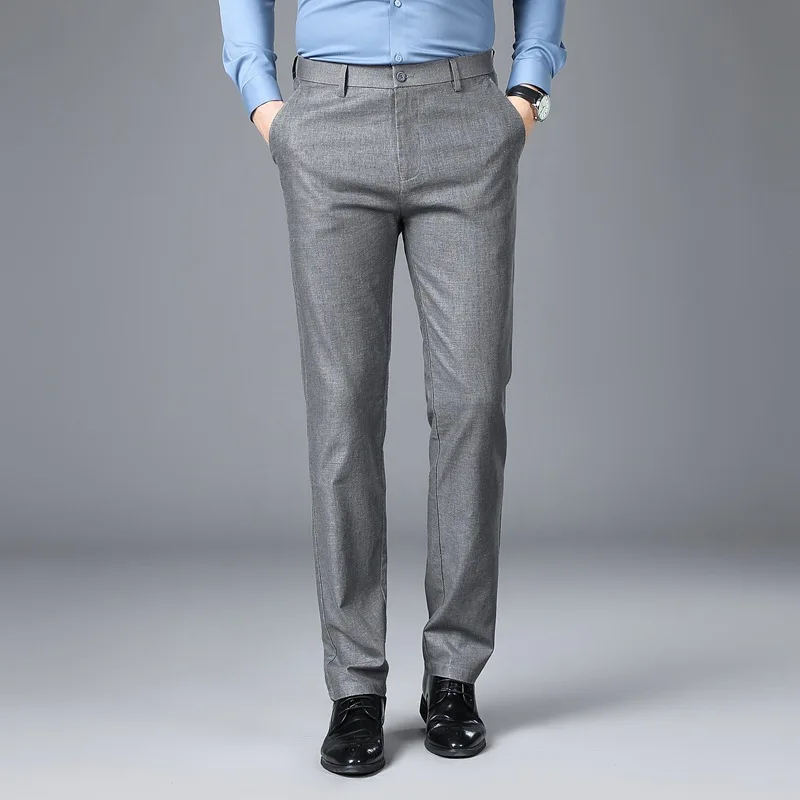 

Lansboter Grey Spring And Summer New Cotton Linen Breathable Men's Casual Pants Slim Fit Trousers Non-iron Straight