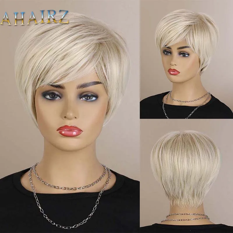 

Short Pixie Cut Blonde Synthetic Wigs Natural Straight Layered Wig with Fluffy Bangs for Women Daily Heat Resistant Hair