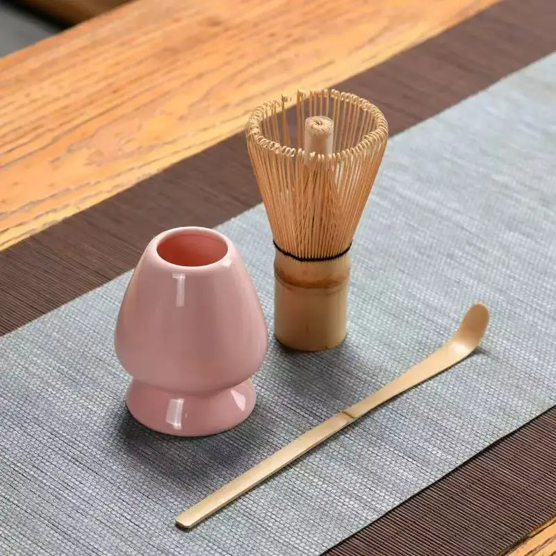 1/3/4/5pcs Japanese Ceramic Glossy Pink Matcha Bowl Macha Tea Whisk Chawan Chasen Holder Scoop Sifter Cup Ceremony Gift Set