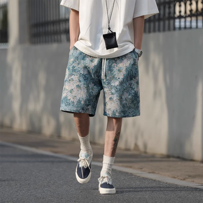 

American Vintage Floral Print Shorts Men Streetwear Fashion Beach Shorts New Summer 2023 Casual Loose Knee Length Pants for Men