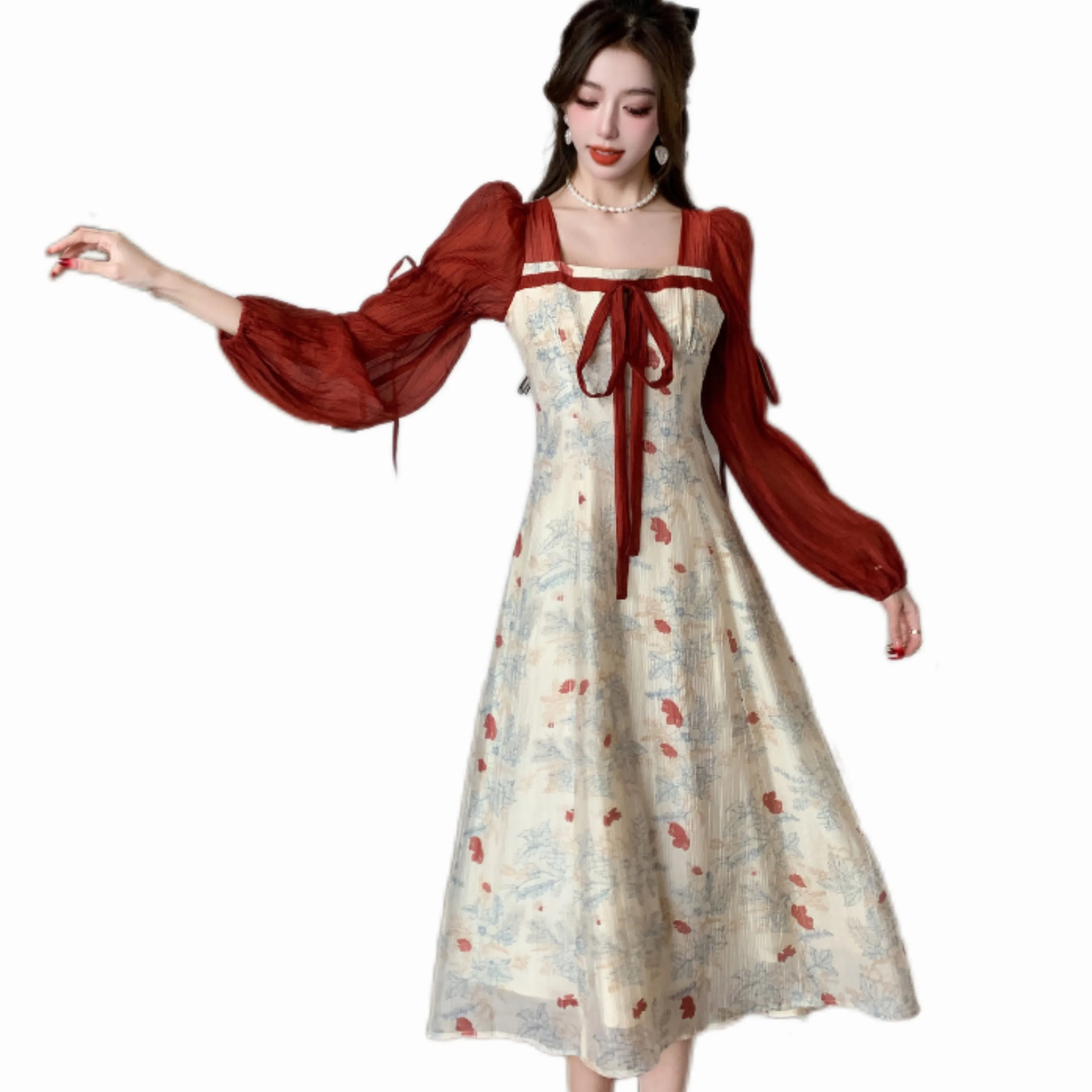 

New Chinese Style Contrast Color Wrinkle Printed Waist-Controlled Hanfu Dress
