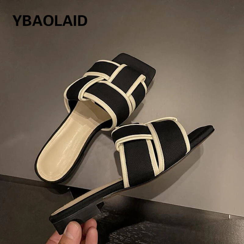 

All Match Weave Wide Strap Women Slippers Open Square Toe Low Heel Summer Slides Shoes Leisure Style Slip on Comfort Beach Shoes