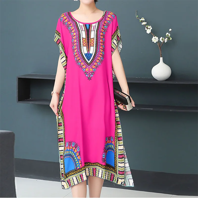 Retro Ethnic Style Women's Print Dress Batwing Sleeves O-Neck Straight Dress High Slit Loose Oversize Dresses Casual Matching