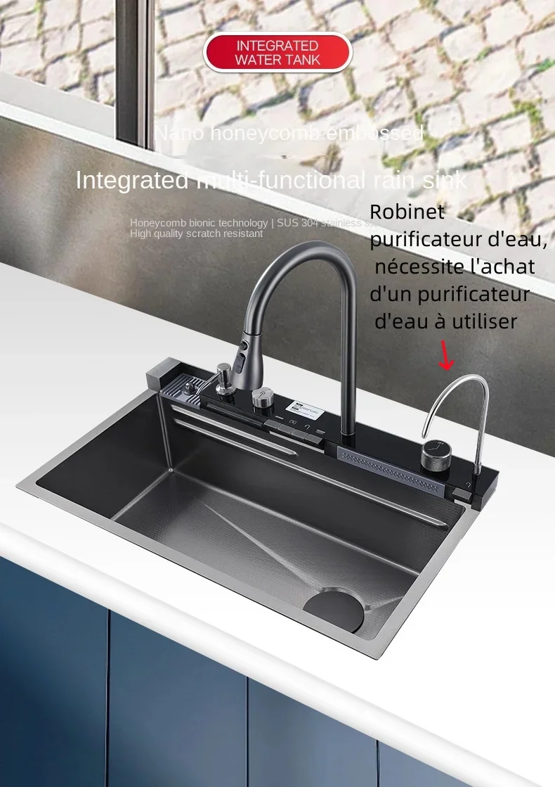 304 Stainless Steel Waterfall Kitchen Sink Large Single Slot Integrated Digital Display Faucet Set Soap Dispenser Cup Washer 6