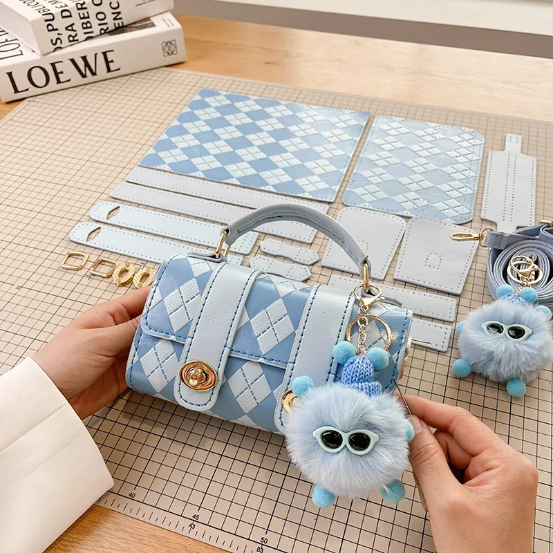DIY Handmade Women Diamond Check Pattern Shoulder Bags Solid Handbag Phone Bag Hand Stitching DIY Sewing Material for Woven Bag