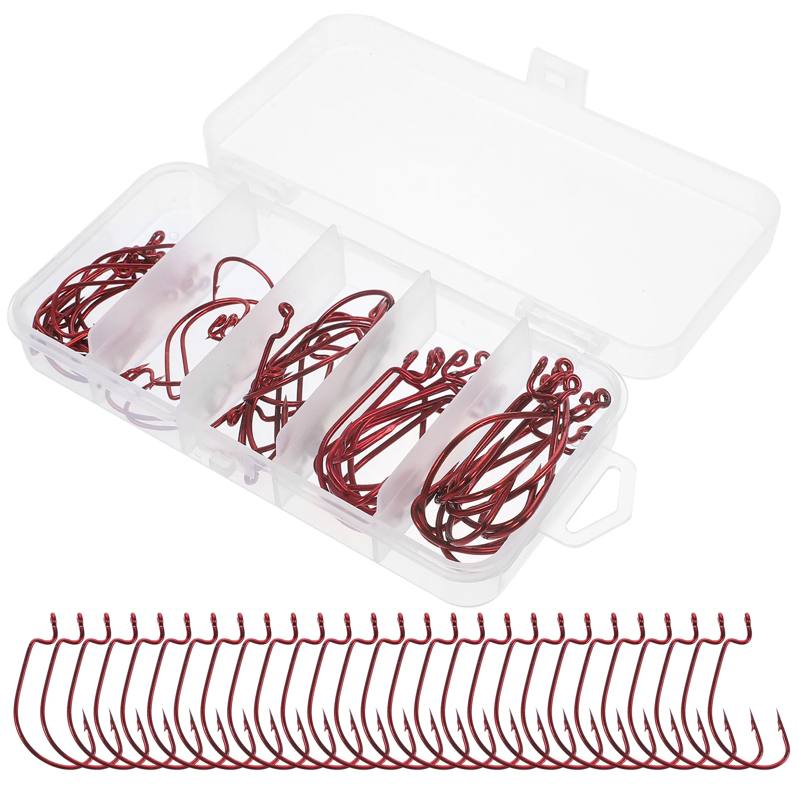 

50pcs Offset Hooks Lure Worm Bait Hooks Carbon Steel Fishing Hooks with Box (Red)