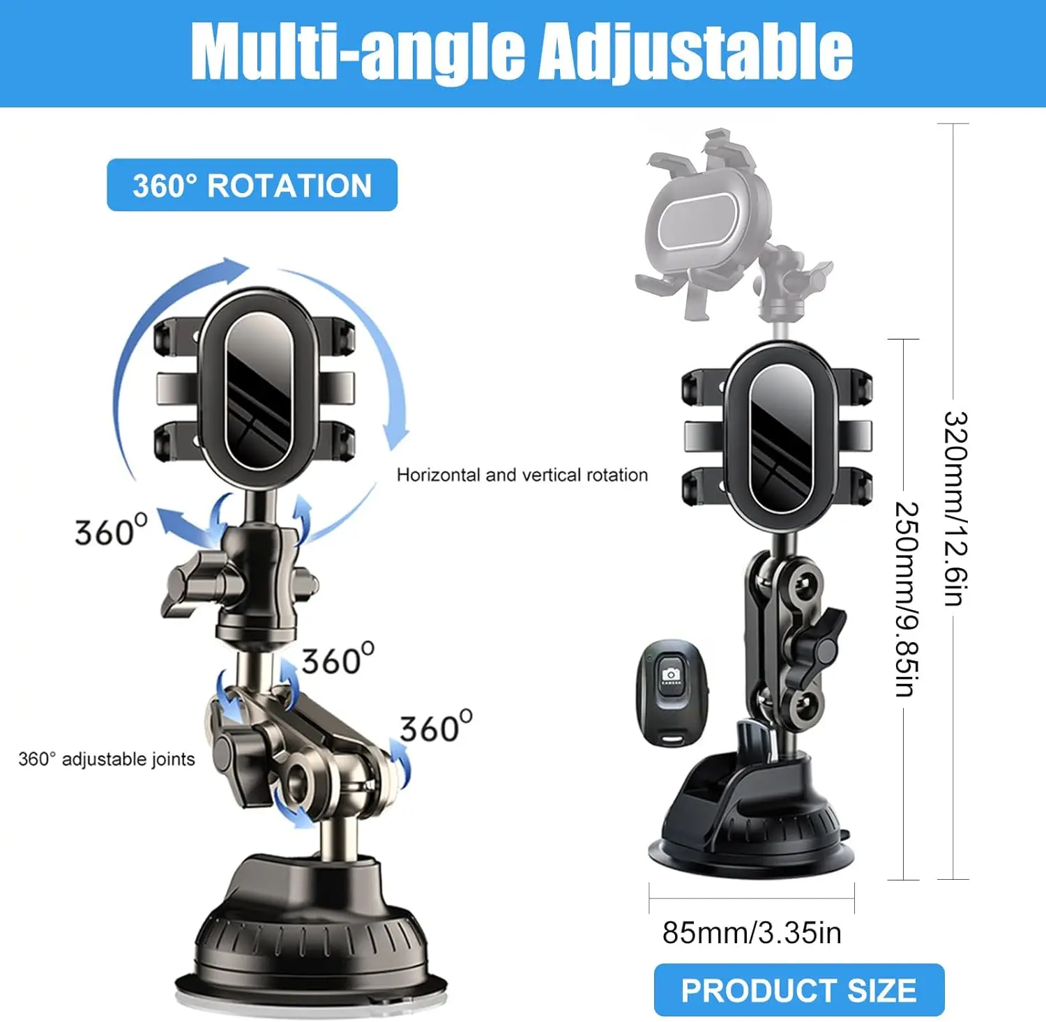 Enhanced Car Video Mount with 360° Rotating Arm and Strong Suction for Windshield/Dashboard - Anti-Shock Design for Seamless Live Streaming