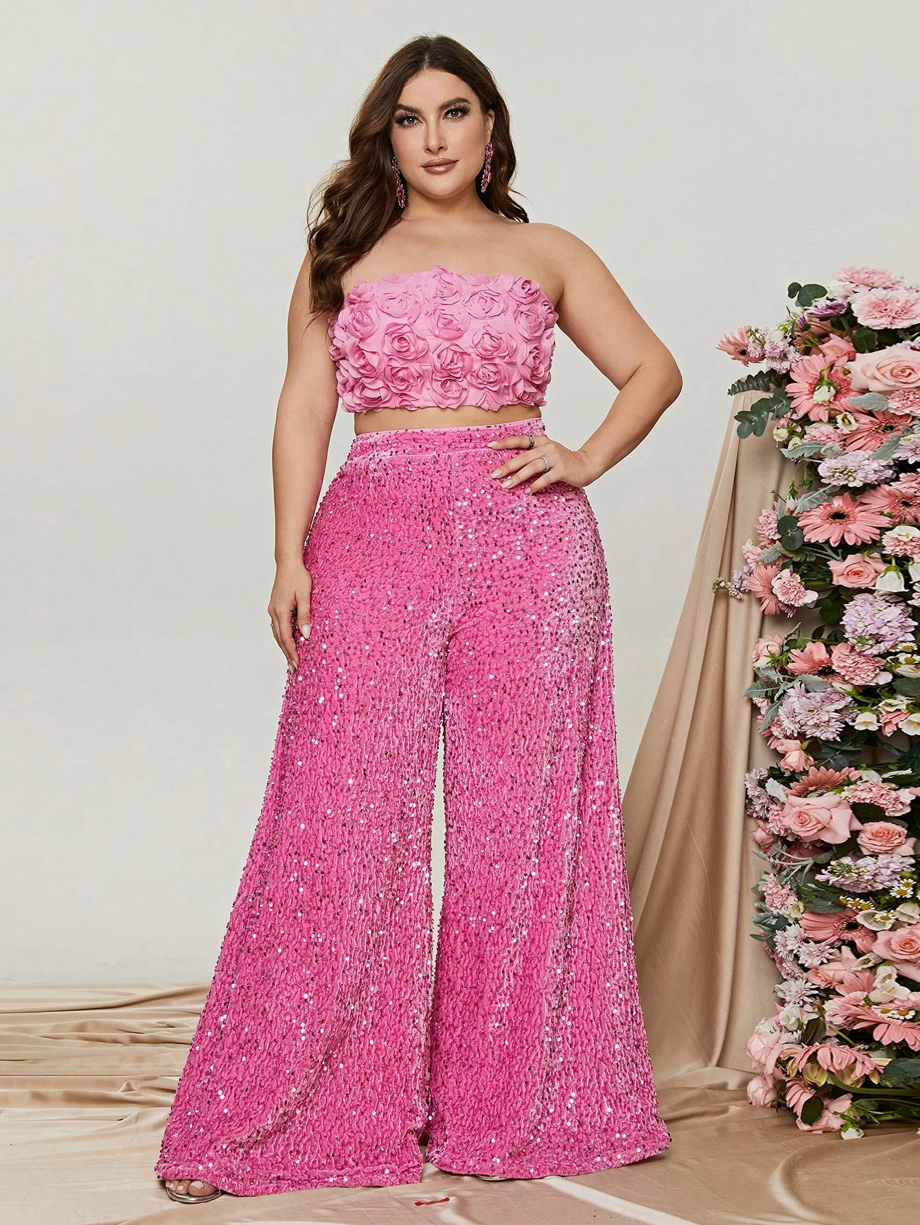 Plus Size Tube Top 3D Flower and Sequin Suit picture