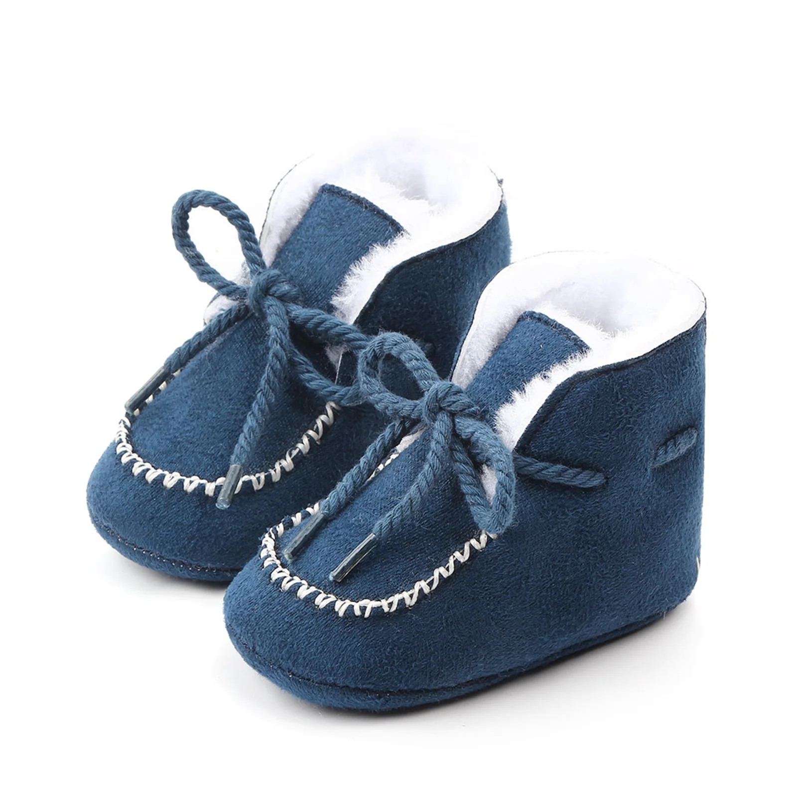 Newborn Baby Winter Thicken Lining Boots Tie-Up Adjustable Drawstring Non-Slip Sole Plain Warm Thermal Early Walkers Shoes