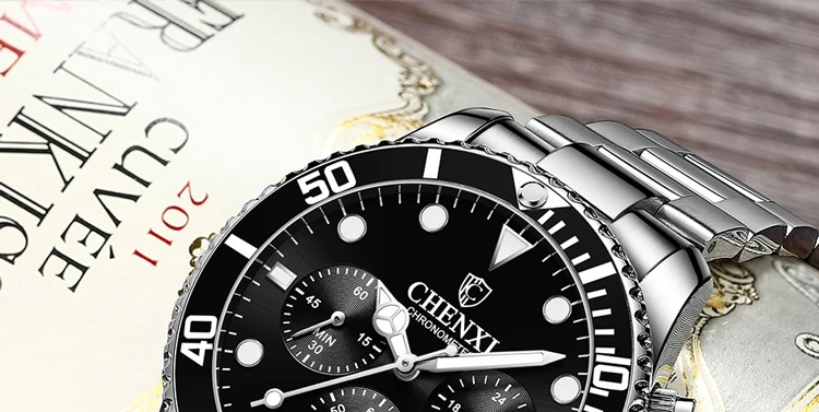 CHENXI Men's Luminous Waterproof Multi-function Watch Stainless Steel Strap Chronograph Calendar Casual Daily Wristwatch