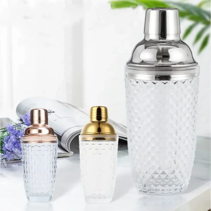 Glass Cocktail Shaker Martini Mocktail Making Set with Leakproof Metallic Steel Lid Strainer for Home Use Bar Cart Gadget