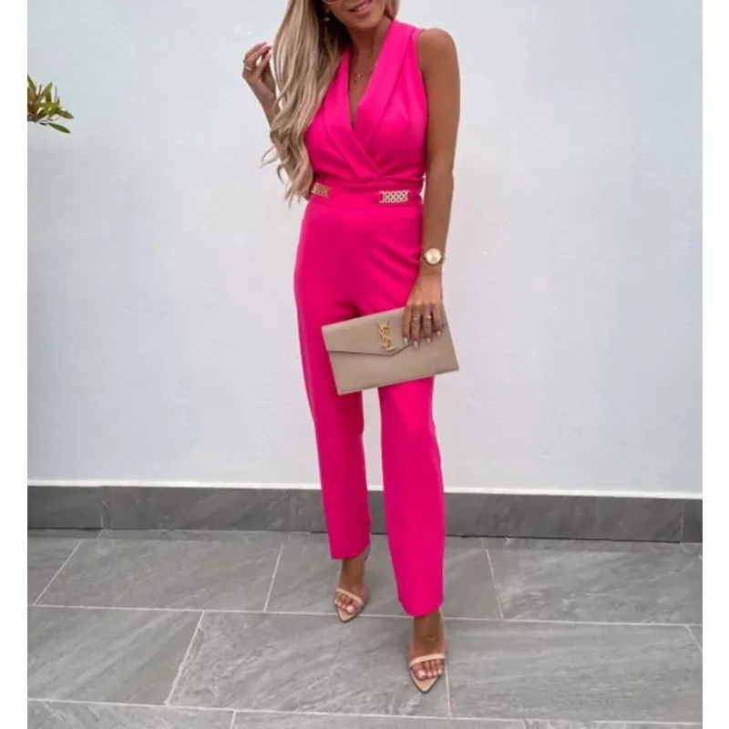 Women's Sexy Skinny Sleeveless Long Jumpsuit Temperament Commuting Solid INS Woman Metal Decor Fashion Backless Jumpsuits