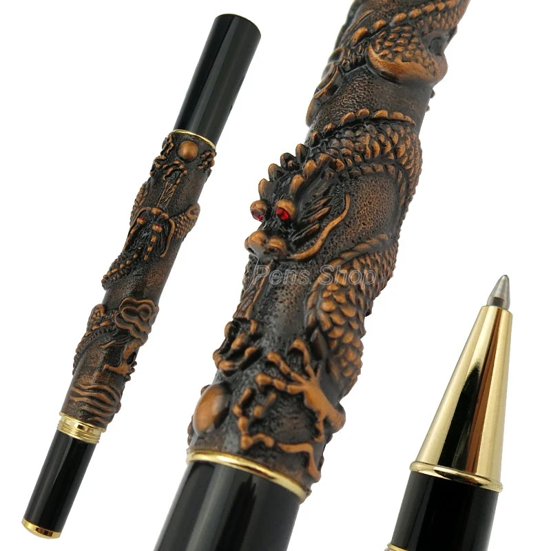 Jinhao Ancient Red Bronze Oriental Dragon Carving Embossing Roller Ball Pen Golden Trim Professional Office Stationery Writing
