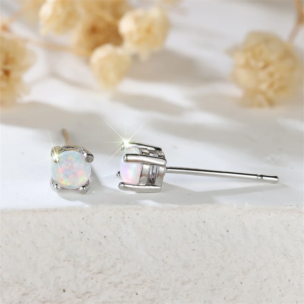 White Fire Opal Small Round Stone Stud Earrings For Women Vintage Silver Color Wedding Earring Minimalist Jewelry Valentine Gift