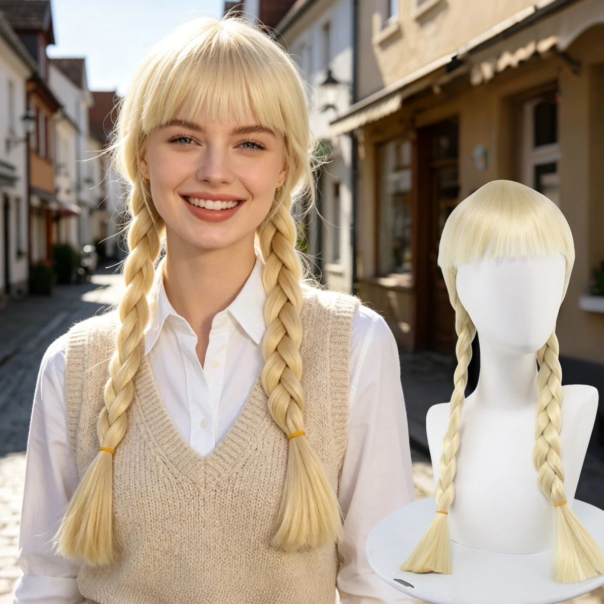 Radiant Blonde Braided Synthetic Wig with Bangs for Cosplay & Costume Events