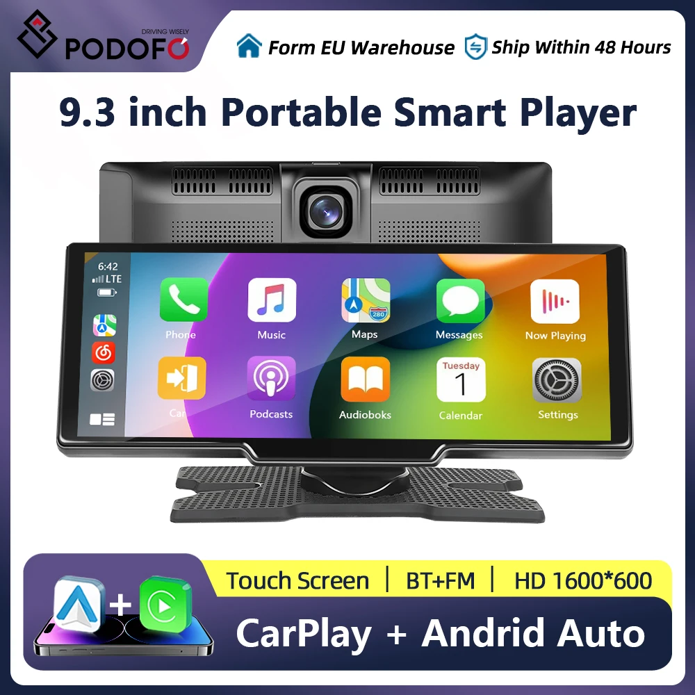 Podofo Wireless Carplay Android Auto Portable Smart Player With Voice Control Universal Digital Dashboard GPS BT FM RDS
